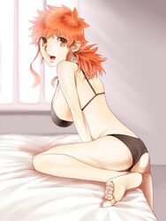  bad_id bad_pixiv_id barefoot bikini breasts earrings emiya_shirou fate/stay_night fate_(series) female genderswap_(mtf) hanging_breasts jewelry large_breasts mitsuki_mitsuno open_mouth red_hair rule_63 sidelocks solo strap_gap swimsuit yellow_eyes 