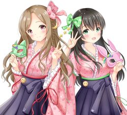  2girls :d animal_print black_hair blush bow braid brown_hair cat_mask cat_print clara_(claris) claris_(group) closed_mouth commentary_request crescent crescent_hair_ornament floral_print frilled_kimono frills green_bow green_eyes hair_between_eyes hair_ornament hairbow hakama hakama_skirt head_tilt holding holding_mask inahori japanese_clothes karen_(claris) kimono long_hair long_sleeves looking_at_viewer mask multiple_girls official_art open_mouth pink_bow pink_kimono print_bow print_kimono purple_hakama rabbit_mask rabbit_print red_eyes ribbon-trimmed_sleeves ribbon_trim short_kimono simple_background skirt smile star_(symbol) unworn_mask very_long_hair white_background wide_sleeves 