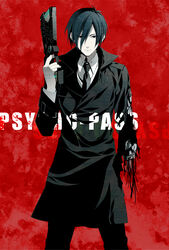  1boy 8055 black_hair broken_arm commentary_request copyright_name cowboy_shot dominator_(gun) expressionless finger_on_trigger ginoza_nobuchika highres long_coat long_sleeves looking_at_viewer male_focus mechanical_arms necktie psycho-pass red_background single_mechanical_arm solo spoilers torn_clothes 