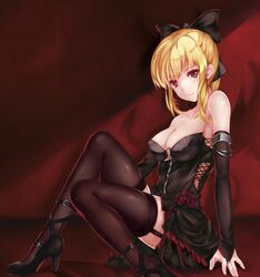  bad_id bad_pixiv_id bare_shoulders black_dress black_thighhighs blonde_hair blush bow breasts bridal_gauntlets chinese_commentary cleavage collarbone commentary_request detached_sleeves dress elbow_gloves female full_body garter_straps gloves hairbow high_heels highres knee_up knees_up large_breasts long_hair looking_at_viewer misaki_kurehito_(style) original ponytail red_eyes short_dress sitting solo strapless strapless_dress thighhighs zettai_ryouiki zomzomzomsauce 