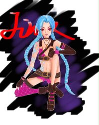  belt blue_hair boots braid bullets fingerless_gloves gloves high_heel_boots high_heels jinx_(league_of_legends) league_of_legends lipstick long_hair makeup pink_eyes shorts single_thighhigh tattoo twin_braids 