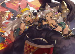  2girls :d animal animal_ears animal_hands arched_back arm_up armlet ass bare_shoulders black_gloves bracelet breasts cleavage commentary_request cross-laced_clothes cross-laced_footwear dark-skinned_female dark_skin earrings erune flower gloves granblue_fantasy green_eyes grey_hair hair_flower hair_ornament hairband jewelry kneeling leaning_forward long_hair mask medium_breasts melleau multiple_girls nemone open_mouth paw_gloves polearm sachy sandals shirabi siblings sisters smile thighhighs very_long_hair weapon 