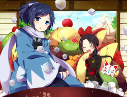  2boys ^_^ anmitsu_(dessert) apple apple_slice bad_id bad_pixiv_id black_hair blue_eyes bowl bridal_gauntlets brown_hair cherry closed_eyes food fox fruit ice ice_cube japanese_clothes kashuu_kiyomitsu konnosuke male_focus mini_person miniboy multiple_boys oerba_yun_fang open_mouth ponytail pun scarf shinsengumi smile strawberry touken_ranbu uguisu_mochi_(ykss35) whipped_cream yamato-no-kami_yasusada 