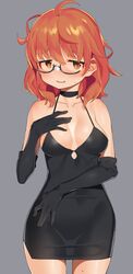  absurdres ahoge araki_hina bad_id bad_twitter_id bare_shoulders black_choker black_dress black_gloves blush breasts brown_eyes choker commentary cowboy_shot dress elbow_gloves female glasses gloves grey_background half-closed_eyes halterneck hand_on_own_chest hand_on_own_stomach highres idolmaster idolmaster_cinderella_girls light_smile looking_to_the_side low-cut medium_breasts medium_hair messy_hair miyamae_(miyazen9311) no_nose orange_hair short_dress simple_background smirk solo standing sweatdrop 