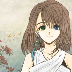  blue_eyes breasts brown_hair commentary_request dress earrings female final_fantasy final_fantasy_x green_eyes jewelry looking_at_viewer medium_hair smile solo yadoso yuna_(ff10) 