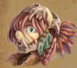  2015 audrarius blue_eyes bodypaint bone digital_media_(artwork) equid equine face_paint facial_paint fangs feathered_wings feathers female fluttershy_(mlp) friendship_is_magic gold_(metal) hair hasbro headshot_portrait hi_res horse looking_at_viewer mammal mask my_little_pony piercing pink_hair pony portrait sharp_teeth skull skull_mask solo teeth tribal wings 