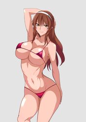  arm_behind_head arm_up armpits ashigara_(kancolle) baron_(nsbaron) bikini breasts brown_hair cleavage commentary_request contrapposto fang_out female grey_background hairband hand_on_own_hip highres kantai_collection large_breasts long_hair looking_at_viewer navel oerba_yun_fang perky_breasts simple_background smile solo standing swimsuit yellow_eyes 