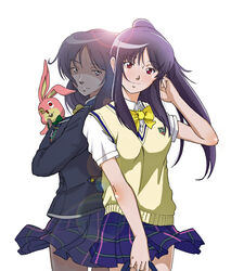  2girls adjusting_hair blazer bow bowtie commentary_request dark_persona grey_eyes holding holding_stuffed_toy jacket lens_flare long_hair looking_at_viewer multiple_girls multiple_persona nakamura_3sou ookura_miyako plaid plaid_skirt ponytail purple_hair robbie_the_rabbit school_uniform sidelocks silent_hill_(series) silent_hill_3 skirt smile standing stuffed_animal stuffed_rabbit stuffed_toy tokimeki_memorial tokimeki_memorial_4 yandere yellow_bow yellow_bowtie 