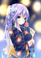  bag black_ribbon blue_kimono blurry blurry_background blush bokeh breast_hold breasts candy_apple collarbone commentary_request depth_of_field drawstring drawstring_bag female fish flower food from_side goldfish green_eyes hair_between_eyes hair_flower hair_ornament hair_ribbon highres holding holding_food japanese_clothes kakao_(chocolate_land) kimono long_hair long_sleeves looking_at_viewer looking_to_the_side obi original outdoors print_kimono purple_hair ribbon saliva saliva_trail sash side_ponytail sidelocks solo tongue tongue_out upper_body wide_sleeves yukaribe_setsuko 