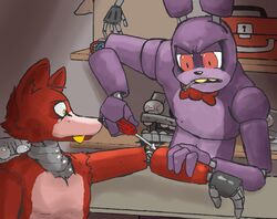  4_fingers animatronic anthro arm_grab big_eyes black_nose bonnie_(fnaf) bow_(feature) bow_tie canid canine duo fingers five_nights_at_freddy&#039;s fox foxy_(fnaf) fur gud holding_object holding_tool inner_ear_fluff inside lagomorph leporid looking_aside looking_at_another machine male mammal mouth_hold nude oil rabbit red_body red_eyes red_fur robot scottgames screw screwdriver teeth toolbox tools tuft yellow_eyes 