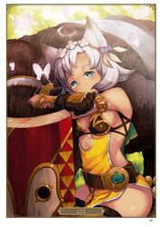  animal animal_ears animal_hands armlet artist_name blue_eyes breasts brown_gloves brown_thighhighs bug butterfly card_(medium) character_name cleavage crossed_arms day erune female gloves granblue_fantasy grey_hair head_wreath highres melleau outdoors page_number paw_gloves sachy shiny_skin short_hair sideboob sitting small_breasts solo thighhighs yumekui 