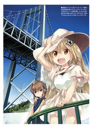  2girls :d blue_sky bridge commentary_request day dress hair_ornament hairpin hand_on_headwear hat highres looking_at_viewer multiple_girls nanaroku_(fortress76) open_mouth original railing scenery short_sleeves sky smile sun_hat suspension_bridge white_dress 