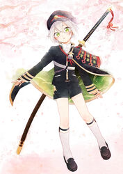  1boy armor bad_id bad_pixiv_id black_shorts cape cherry_blossoms commentary_request green_eyes hat highres hotarumaru japanese_armor legwear_garter male_focus omari ootachi petals shorts shoulder_armor sode solo sword touken_ranbu weapon white_hair 