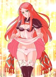  artist_name black_thighhighs clothes_lift commentary_request dress dress_lift female final_fantasy final_fantasy_tactics_advance green_eyes long_hair panties red_hair ritz_malheur shoulder_pads shunkaku solo thighhighs underwear 