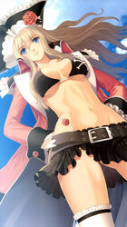  absurdres bikini black_bikini blue_eyes breasts breasts_apart brown_hair coat collarbone day dutch_angle female flower from_below groin hands_on_own_hips hat highres long_hair lowleg lowleg_skirt medium_breasts miniskirt navel outdoors photoshop_(medium) pirate_hat rose scan shining_(series) shining_ark skirt skull_and_crossbones skull_print smile solo standing string_bikini swimsuit thighhighs tony_taka underwear velvet_batrass white_thighhighs 