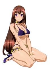  artist_request bare_shoulders bikini bracelet breasts brown_hair covered_nipples female hair_ribbon high_heels highres hyakka_ryouran_samurai_girls jewelry large_breasts long_hair looking_at_viewer navel purple_bikini purple_eyes ribbon scan simple_background sitting solo swimsuit tokugawa_sen underboob very_long_hair wariza white_background 