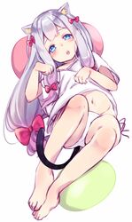  :o amacha animal_ears bare_legs barefoot blue_eyes blush bow cat_ears cat_tail commentary_request eromanga_sensei female foreshortening grey_hair hairbow half-closed_eyes izumi_sagiri kemonomimi_mode long_hair looking_at_viewer low-tied_long_hair navel open_mouth panties paw_pose pink_bow shirt short_sleeves side-tie_panties simple_background solo tail teeth thighs underwear v-neck white_background white_panties white_shirt 