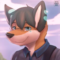  1:1 anthro blue_eyes blue_sky bust_portrait canid canine clothed clothing cloud countershading eyewear fox fur glasses hair heart_(marking) heart_symbol inner_ear_fluff lan_(zeta-haru) male mammal markings outside portrait shirt sky smile snout solo topwear tuft zeta-haru 