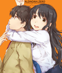  1boy :d aldnoah.zero bad_id bad_pixiv_id blazer blue_necktie breasts brother_and_sister brown_eyes brown_hair choke_hold copyright_name english_text female from_side hug hug_from_behind jacket kaizuka_inaho kaizuka_yuki large_breasts long_hair necktie open_mouth orange_background red_necktie school_uniform shirt siblings simple_background smile strangling takagi_hideaki tongue tongue_out upper_body white_shirt 