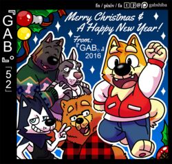  2016 3_toes 5_fingers ^_^ akita anthro bau_husky black_body black_countershading black_fur black_nose blue_background blue_bottomwear blue_clothing blue_eyes bottomwear brown_body brown_fur brown_tail canid canine canis chow_chow christmas closed_eyes clothed clothing countershade_face countershade_tail countershade_torso countershading cute_fangs denim denim_bottomwear denim_clothing dipstick_tail domestic_dog eyebrows eyewear feet fingers fully_clothed fur gab_(comic) gab_shiba gabshiba gesture glasses green_clothing green_topwear grey_body grey_clothing grey_fur grey_topwear grin group half-closed_eyes hand_gesture hand_on_shoulder holidays husky interlocked_fingers jeans looking_at_viewer male mammal markings multicolored_body multicolored_fur multicolored_tail narrowed_eyes nordic_sled_dog open_mouth open_smile pants pink_tongue pit_bull red_clothing red_topwear ruff_bull shiba_inu shirt simple_background smile spitz step_pose sweater tail tail_markings tank_top toes tongue topwear two_tone_body two_tone_fur two_tone_tail v_sign voff_akita wang_chow white_body white_countershading white_fur white_tail yellow_body yellow_fur yellow_tail 