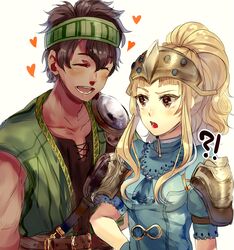  !? 1boy belt blonde_hair blush brown_eyes brown_hair clair_(fire_emblem) closed_eyes commentary_request dark-skinned_male dark_skin female fire_emblem fire_emblem_echoes:_shadows_of_valentia gray_(fire_emblem) headband heart helmet highres kash-phia long_hair open_mouth ponytail simple_background teeth white_background 