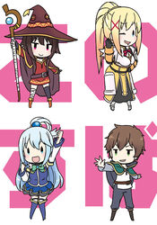  &gt;:) 1boy 3girls ;d aqua_(konosuba) aqua_eyes aqua_hair asymmetrical_legwear belt black_hair blonde_hair blue_eyes boots brown_hair chibi cloak commentary_request copyright_name darkness_(konosuba) detached_sleeves drooling green_eyes green_ribbons hair_tie hat kono_subarashii_sekai_ni_shukufuku_wo! long_hair megumin mizuki_maya multiple_girls one_eye_closed open_mouth outstretched_hand ponytail red_eyes red_ribbon ribbon satou_kazuma single_hair_ring skirt smile solid_oval_eyes staff thigh_boots thighhighs tied_hair uneven_legwear v-shaped_eyebrows weapon witch witch_hat 