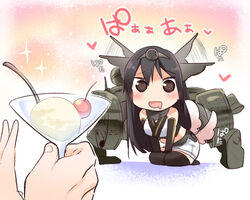  animal_ears black_thighhighs blush brown_eyes brown_hair cherry chibi commentary_request dog_ears dog_tail drooling ear_wiggle elbow_gloves female food fruit gloves hairband heart heart-shaped_pupils ice_cream kantai_collection kemonomimi_mode long_hair machinery midriff nagato_(kancolle) open_mouth seiza sitting suzune_kotora symbol-shaped_pupils tail tail_wagging thighhighs 