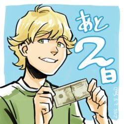  1boy 2 :d blonde_hair dc_comics freddy_freeman male male_focus money open_mouth sen_(pixiv111638) shazam smile solo 