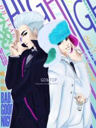  2boys bigbang bow bowtie character_name finger_gun fur_hat g-dragon hat k-pop keychain male male_focus multiple_boys necklace necktie ring smile t.o.p_(bigbang) ushanka v white_hair white_suit 