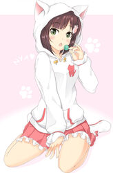  animal_hood brown_hair candy chestnut_mouth commentary_request female food green_eyes hair_ornament highres holding hood hooded_sweater idolmaster idolmaster_cinderella_girls lollipop looking_at_viewer maekawa_miku oerba_yun_fang paw_print photoshop_(medium) pleated_skirt short_hair sitting skirt solo sweater wariza yuu_(oosakazaijyuu) 