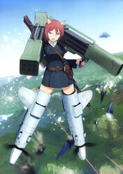  absurdres adriana_visconti animal_ears aqua_eyes blue_sky cat_ears cat_girl cat_tail coat day dual_wielding extra_ears female fliegerhammer flying gun highres holding holding_weapon laser long_sleeves machine_gun mg42 multishot_rocket_launcher neuroi noble_witches non-web_source open_mouth red_hair rocket_launcher scan shimada_fumikane short_hair sky solo striker_unit tail weapon weapon_on_back world_witches_series 