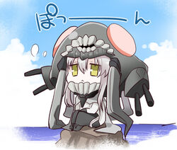  :&lt; abyssal_ship cape chibi cloud commentary_request day female grey_hair kantai_collection monster pale_skin sitting sky solo suzune_kotora turret water wo-class_aircraft_carrier yellow_eyes 