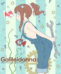  alternate_hairstyle arms_behind_back bad_id bad_pixiv_id brown_eyes brown_hair closed_mouth convenient_censoring copyright_name female fish flat_chest flower galilei_donna gears goldfish hair_flower hair_ornament hair_scrunchie hourglass hozuki_ferrari italian_text jewelry leaning_forward long_hair naked_overalls necklace outstretched_arms overalls own_hands_clasped own_hands_together ponytail screw scrunchie sidelocks sideways_mouth smile striped striped_background takagi_hideaki translated vertical_stripes 