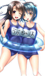  2girls :d ;d alternate_hairstyle blue_hair braid brown_eyes brown_hair commentary_request half_updo idolmaster idolmaster_cinderella_girls innertube kohinata_miho looking_at_viewer multiple_girls name_tag noshimasa old_school_swimsuit one-piece_swimsuit one_eye_closed open_mouth photoshop_(medium) school_swimsuit shimamura_uzuki short_hair simple_background smile swim_ring swimsuit twin_braids white_background 