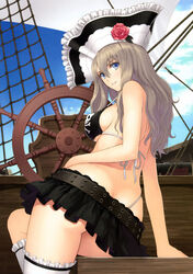  absurdres arm_support ass bare_shoulders bikini black_bikini black_skirt blue_eyes breasts brown_hair butt_crack day female flower frilled_thighhighs frills grin hat highleg highleg_bikini highleg_panties highleg_swimsuit highres long_hair looking_back medium_breasts microskirt outdoors panties parted_lips photoshop_(medium) pirate_hat rose scan shining_(series) shining_ark sideboob sitting skindentation skirt skull_and_crossbones skull_print smile solo strap_gap swimsuit thighhighs tony_taka underboob underwear velvet_batrass white_thighhighs 