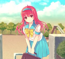  bag blue_skirt blue_sky blush cloud commentary day female fujisaki_shiori hairband kirameki_high_school_uniform_(summer) leaning_forward long_hair nekomo outdoors pleated_skirt red_eyes red_hair school_bag school_uniform serafuku skirt sky smile solo standing tokimeki_memorial tokimeki_memorial_1 tree 