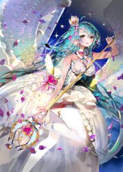  between_breasts blue_hair breasts commentary_request crab_d dress female large_breasts long_hair looking_at_viewer petals pointy_ears qurare_magic_library smile solo staff thighhighs very_long_hair white_dress white_thighhighs 