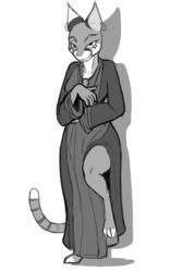  2015 2:3 4_toes 5_fingers ahnassi anthro avoid_posting barefoot bethesda_game_studios biped clothed clothing digital_media_(artwork) dress ear_piercing feet felid female fingers front_view greyscale hi_res inner_ear_fluff khajiit looking_at_viewer mammal markings microsoft monochrome morrowind piercing ring_(marking) ringed_tail rml showing_leg simple_background solo striped_markings striped_tail stripes tail tail_markings the_elder_scrolls toeless_(marking) toes tuft white_background 