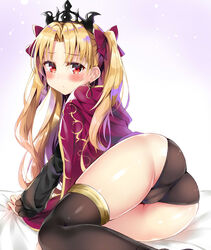  ass bed_sheet black_panties black_thighhighs blonde_hair blush bow cameltoe cape commentary_request diadem dombear earrings ereshkigal_(fate) fate/grand_order fate_(series) female grey_background hairbow highres jewelry long_hair long_sleeves looking_at_viewer looking_back panties red_bow red_cape red_eyes solo thighhighs two_side_up underwear very_long_hair 