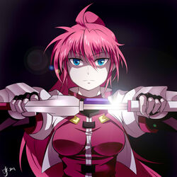  bad_id bad_pixiv_id blue_eyes commentary_request dark_background female gauntlets highres jacket laevatein_(nanoha) lens_flare long_hair lyrical_nanoha mahou_shoujo_lyrical_nanoha mahou_shoujo_lyrical_nanoha_a&#039;s pink_hair ponytail scabbard sheath shumai_(sm318) signum solo sword unsheathing weapon 