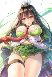  awakening_(sennen_sensou_aigis) blush bra breasts breasts_out brown_hair clothes_lift commentary_request female from_below gem green_bra green_eyes green_panties hair_between_eyes hair_tubes haruka_(sennen_sensou_aigis) hat head_tilt large_breasts light_particles long_hair looking_at_viewer looking_down makirin medium_skirt navel necktie open_mouth panties photoshop_(medium) plaid plaid_skirt pleated_skirt red_necktie sennen_sensou_aigis sidelocks skirt skirt_lift solo standing thigh_gap thigh_strap thighs underwear white_hat wind 