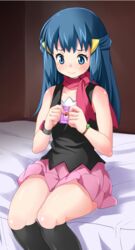  bad_id bad_pixiv_id blue_eyes blue_hair blush condom dawn_(pokemon) endou_masatoshi female long_hair pink_skirt pokemon red_scarf scarf sitting skirt solo 