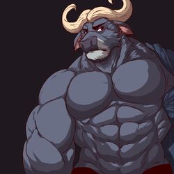  1:1 abs anthro biceps big_muscles black_background bottomwear bovid bovine cape_buffalo chief_bogo clothed clothing digital_media_(artwork) disney fur grey_body grey_fur horn huge_muscles istani male mammal muscular muscular_anthro muscular_male open_clothing open_shirt open_topwear pants pecs red_eyes shirt simple_background solo topwear white_body white_fur zootopia 