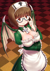  adjusting_eyewear aoi_rando breast_hold breast_lift breasts brown_eyes brown_hair cleavage commentary_request cross deathsmiles dragon_wings dress female follett_(deathsmiles) glasses gothic_wa_mahou_otome large_breasts mole short_hair smile solo wings 