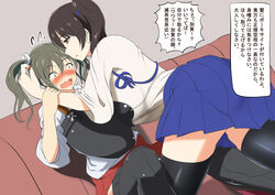  2girls black_thighhighs blush bol_(liliymimi) breasts brown_eyes brown_hair commentary_request japanese_clothes kaga_(kancolle) kantai_collection large_breasts multiple_girls muneate pleated_skirt side_ponytail skirt sweat thighhighs translation_request twintails wavy_mouth yuri zuikaku_(kancolle) 