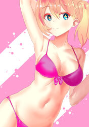  bad_id bad_pixiv_id bikini blonde_hair blue_eyes breasts cleavage female frederica_(onestar) frederica_irving highres looking_at_viewer medium_breasts navel photoshop_(medium) pink_bikini sekaiju_no_meikyuu shin_sekaiju_no_meikyuu smile solo star-shaped_pupils star_(symbol) swimsuit symbol-shaped_pupils twintails upper_body 