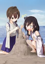  2girls aged_down bare_shoulders beach black_hair blue_skirt blue_sky brown_eyes brown_hair cloud commentary_request day detached_sleeves enoshito hair_ornament highres kaga_(kancolle) kantai_collection kneeling multiple_girls nontraditional_miko ocean open_mouth outdoors pleated_skirt red_eyes red_skirt sand_castle sand_sculpture short_hair side_ponytail skirt sky squatting tasuki yamashiro_(kancolle) 