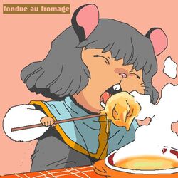  animal_ears commentary_request female fondue fondue_au_fromage french_text grey_hair mouse_ears nazrin onikobe_rin open_mouth short_hair teeth touhou 