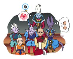  6+boys bald beerus black_hair commentary_request cream crossed_arms dougi dragon_ball dragon_ball_super earrings egg egyptian_clothes eyelashes food fruit hachibani ice_cream jewelry kuririn long_sleeves looking_at_another male_focus mohawk multiple_boys nervous pointy_ears potara_earrings rou_kaioushin serious shin_(dragon_ball) simple_background sitting staff strawberry sweatdrop tail tall_hair tenshinhan thought_bubble twitter_username whis white_background wristband 