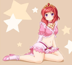  choker commentary_request crop_top female high_heels jewelry looking_at_viewer love_live! love_live!_school_idol_project mary_janes midriff music_s.t.a.r.t!! navel necklace nishikino_maki purple_eyes red_hair shoes short_hair skirt socks solo star_(symbol) starry_background tiara utomo 